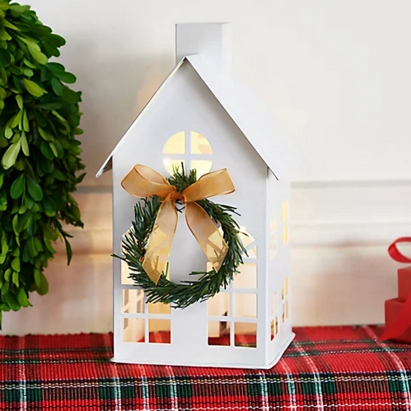 New Home Refelections 10" Illuminated Metal House with Wreath - Picture 1 of 7